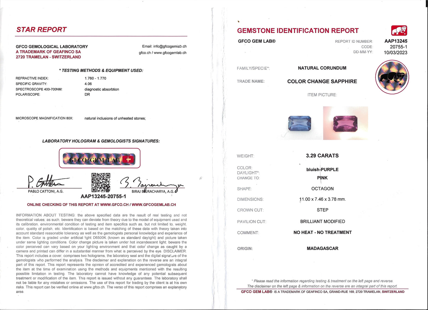 Sapphire Color Change Unheated 3.29